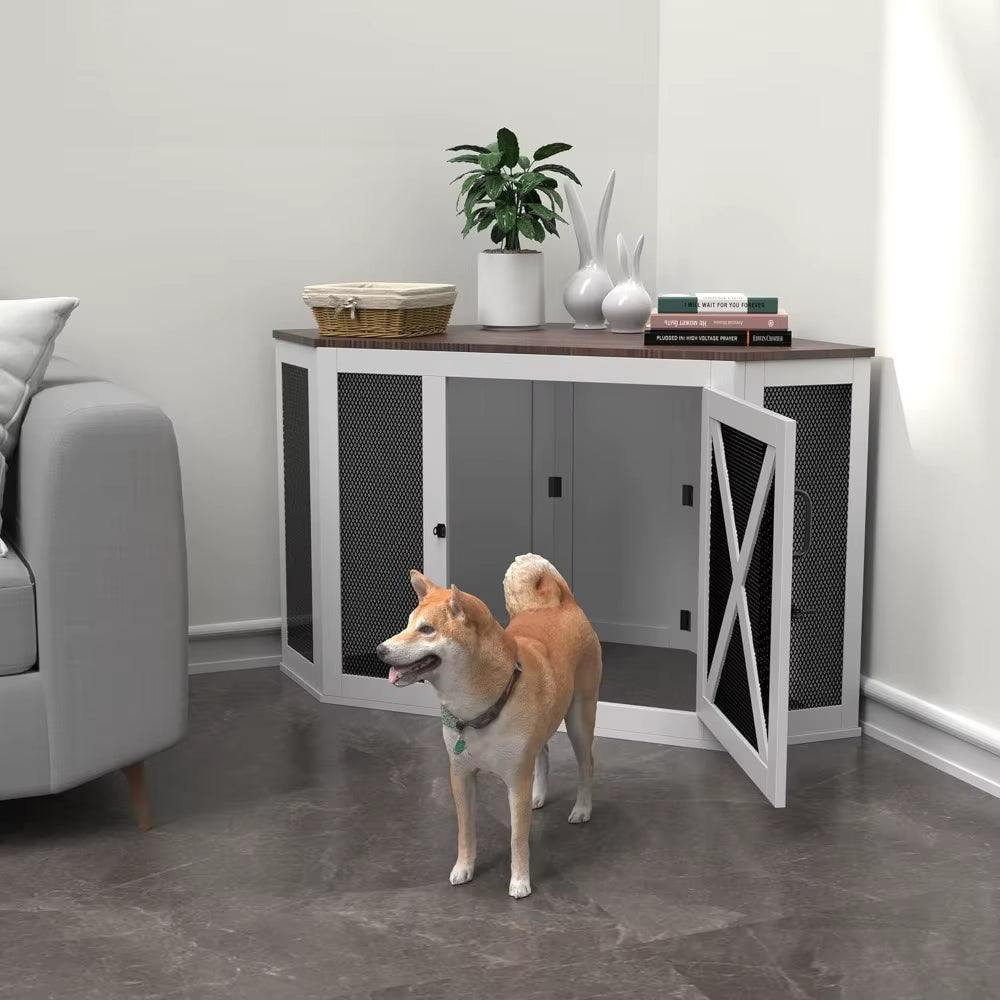 Corner Dog Crate Furniture, Wooden Dog Kennel End Table with Mesh, Cage/House for Small Medium Large , Decorative Pet Crate