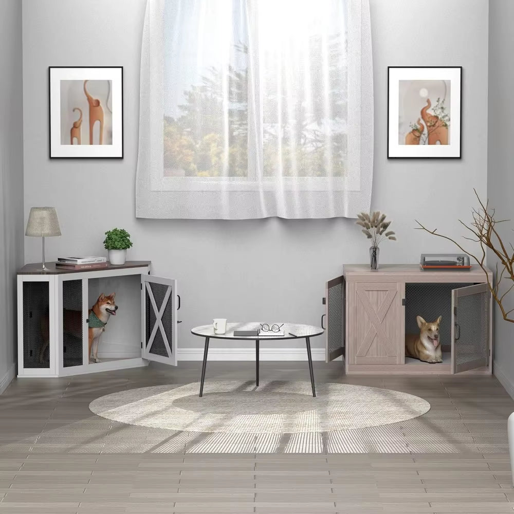 Corner Dog Crate Furniture, Wooden Dog Kennel End Table with Mesh, Cage/House for Small Medium Large , Decorative Pet Crate