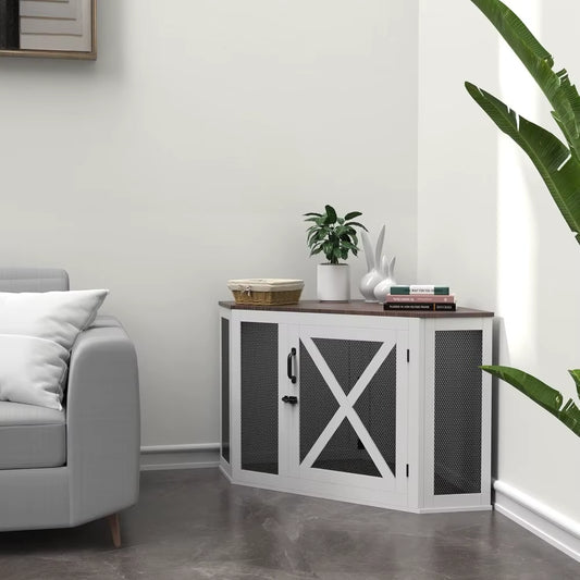 Corner Dog Crate Furniture, Wooden Dog Kennel End Table with Mesh, Cage/House for Small Medium Large , Decorative Pet Crate